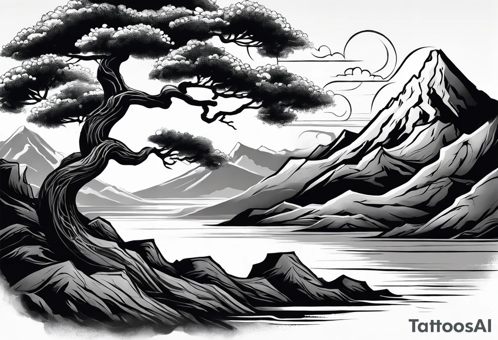 Full arm sleeve, tree going up to shoulder dead tree going down to wrist, wrapped in a serpent moving down with mountain and water elements tattoo idea