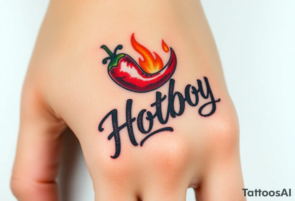 Chili pepper and fire lettering says Hotboy tattoo idea
