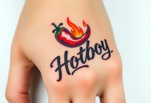 Chili pepper and fire lettering says Hotboy tattoo idea