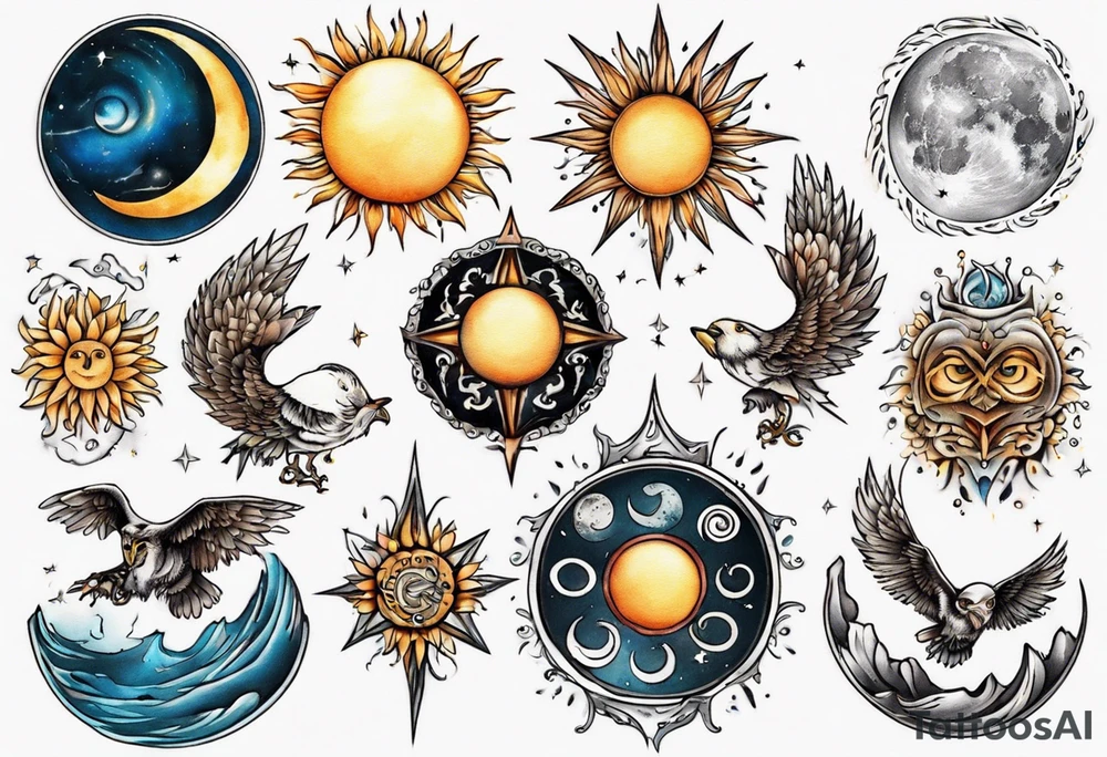 Mond und Sonne mit Eule und Wassermann tattoo idea