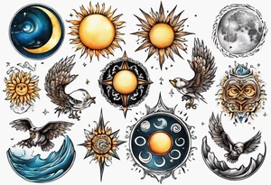 Mond und Sonne mit Eule und Wassermann tattoo idea
