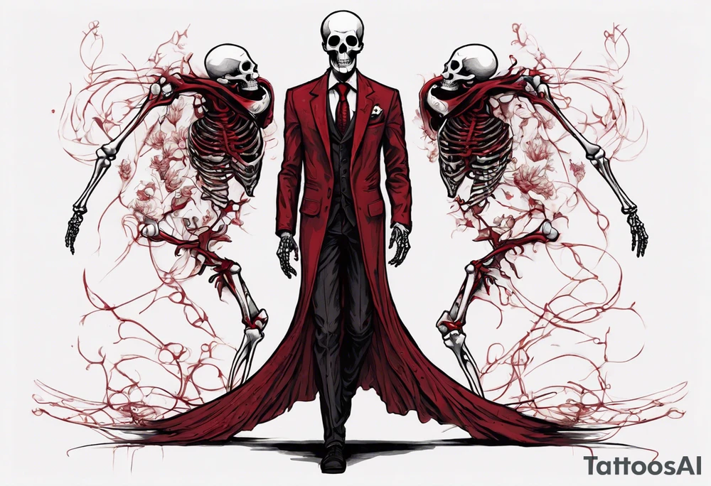 A 2D tattoo design of a skeletal figure, imbued with subtle hints of dark red, walking away in an elegant dark red and black suit. The skeleton's robe trails on the ground, reflecting a somber yet dignified departure. Visible parts of the skeleton, peeking through the suit, are detailed with red accents, blending the essence of life and afterlife. The design captures the left side profile of the skeleton, embodying both the grace of the attire and the starkness of the skeletal form tattoo idea