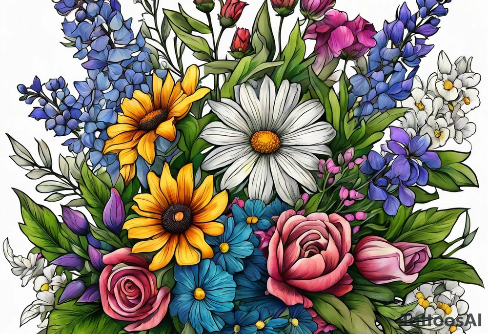 saturated mixed wildflower bouquet with greenery and detailed with color tattoo idea