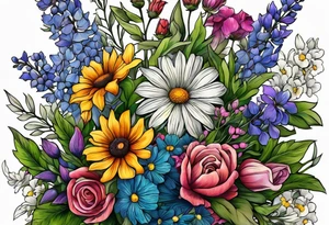 saturated mixed wildflower bouquet with greenery and detailed with color tattoo idea