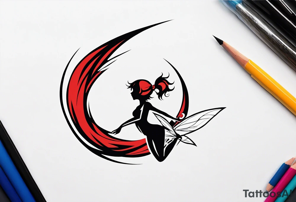 A fairy with a tail inspired by the logo of the anime show called Fairy Tail in a fetal position leaning in and forward while in the air floating tattoo idea