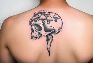 right side of a skull with lots of mushrooms  growing out of its eyes like the clicker from The Last Of Us tattoo idea