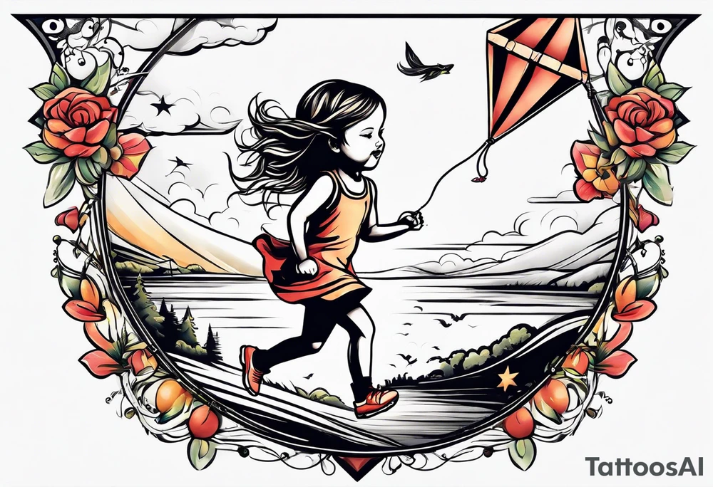 a little girl running away holding a kite tattoo idea