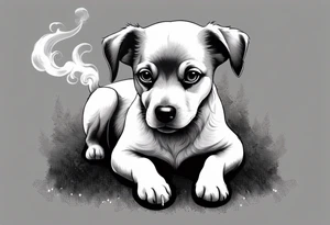 A black and white sketch of a cute dog with large, sad eyes, sitting and smoking a cigarette, with smoke swirling around its head tattoo idea