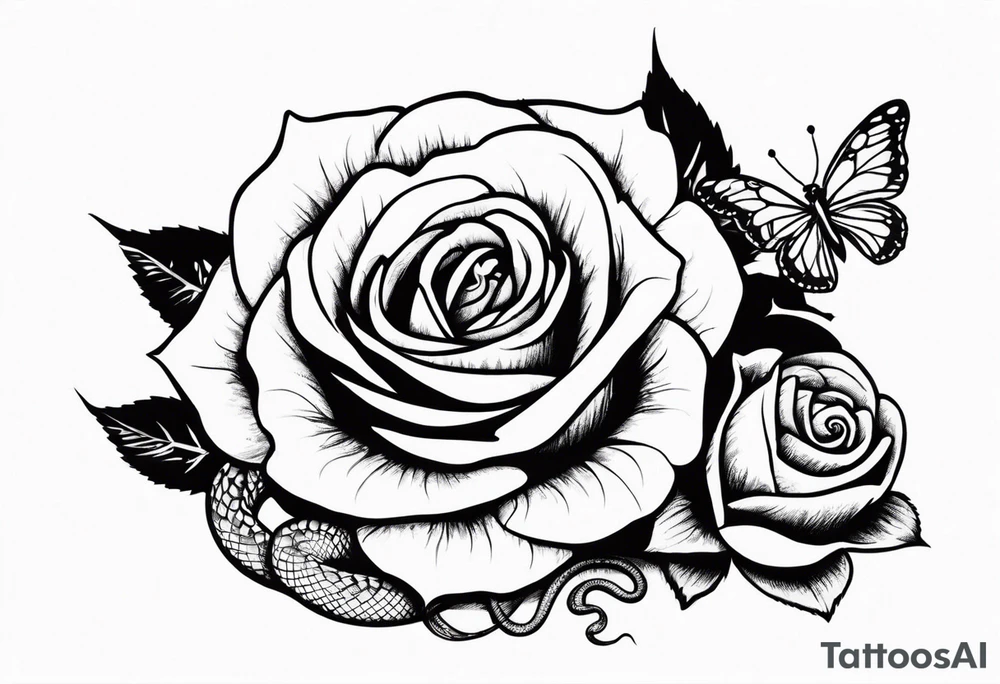 a rose with a snake wandering around it and a small butterfly resting on it tattoo idea