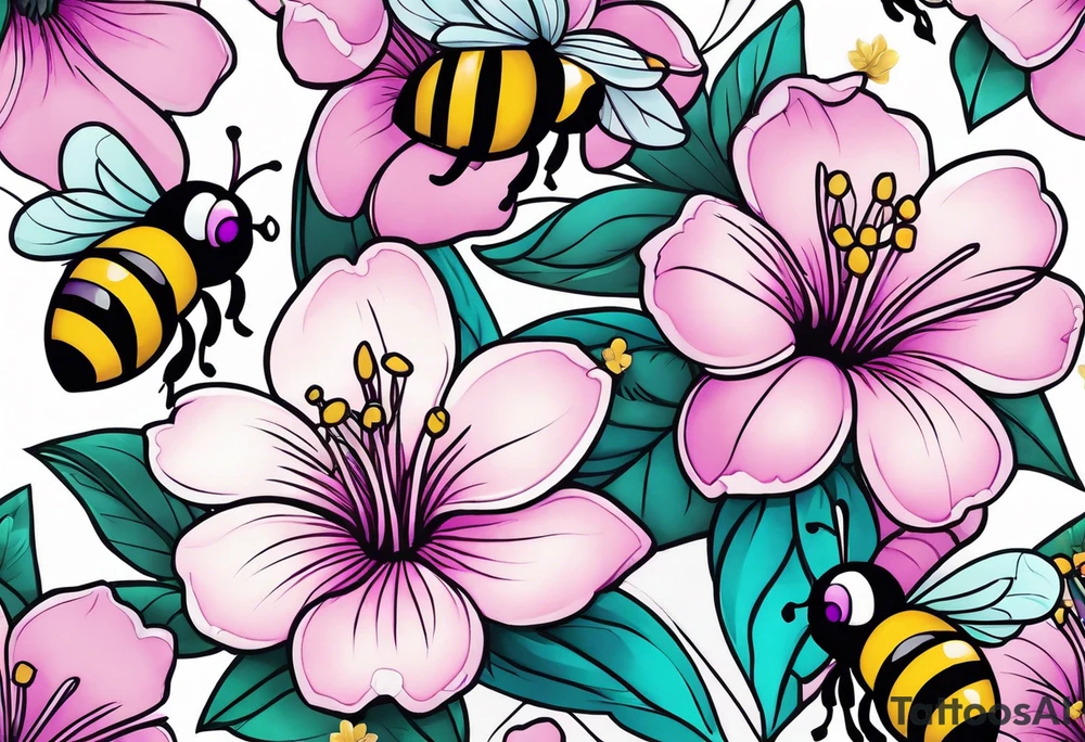 A beautiful detailed pink, purple, and teal Hawaiian jasmine flower with 2 tiny adorable baby bumblebees landing on the petals tattoo idea