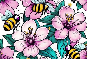 A beautiful detailed pink, purple, and teal Hawaiian jasmine flower with 2 tiny adorable baby bumblebees landing on the petals tattoo idea