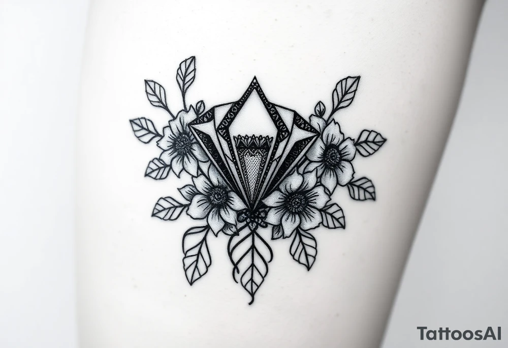 Diamond with vintage lace and flowers tattoo idea