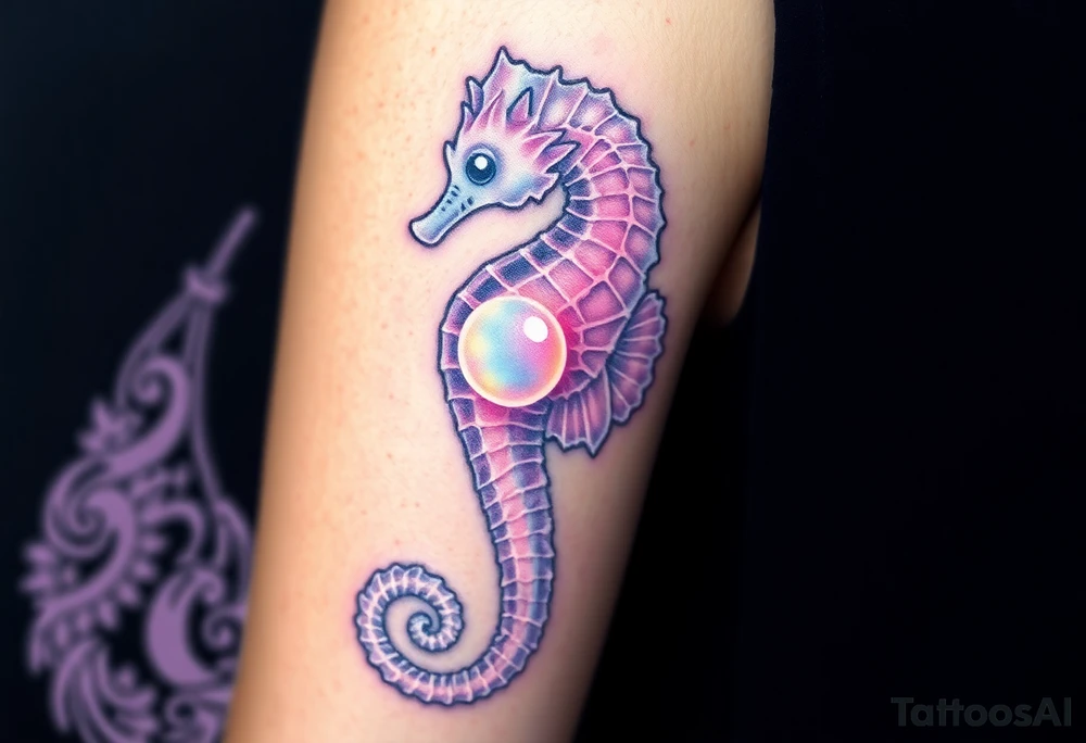 A translucent glass-like seahorse in soft pastel hues of lavender and pink, with a glowing pearl at its center. tattoo idea