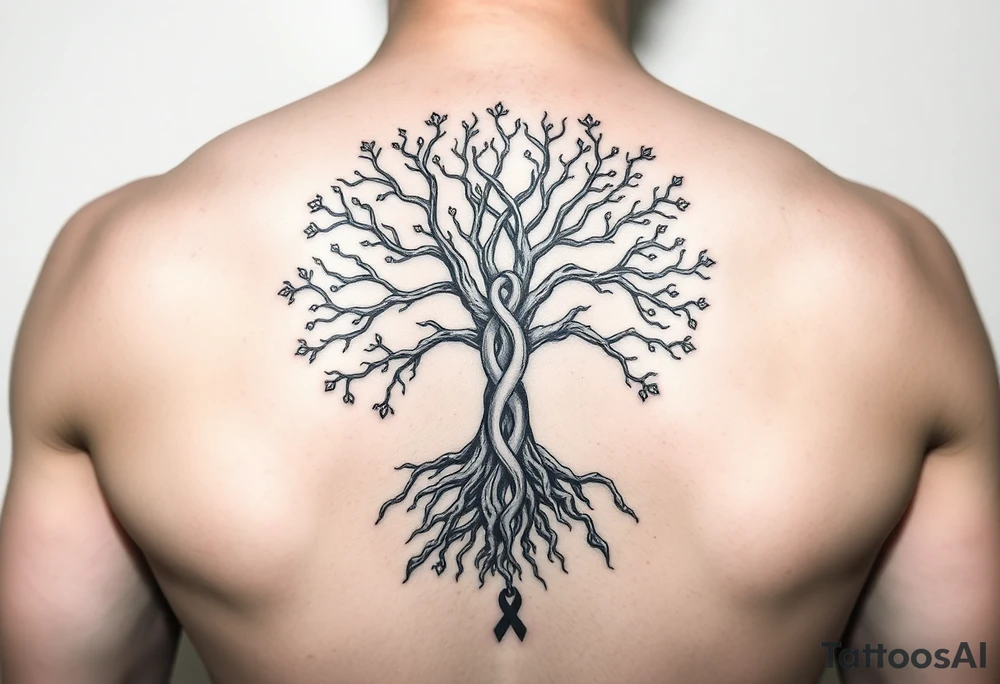 mystical tree of life with cosmic roots and celestial branches with HIV-positive symbol tattoo idea