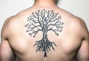 mystical tree of life with cosmic roots and celestial branches with HIV-positive symbol tattoo idea