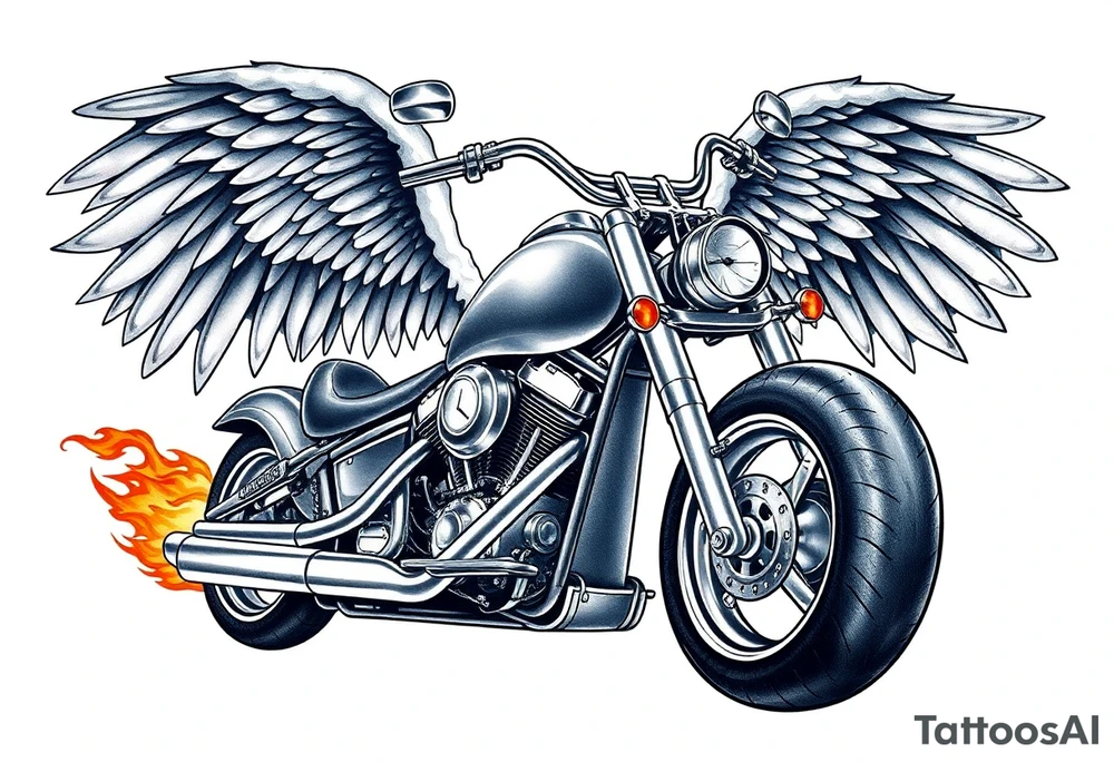 Low rider grey motorcycle, big muffler pipes with flames, angel wings, driving away, no person tattoo idea