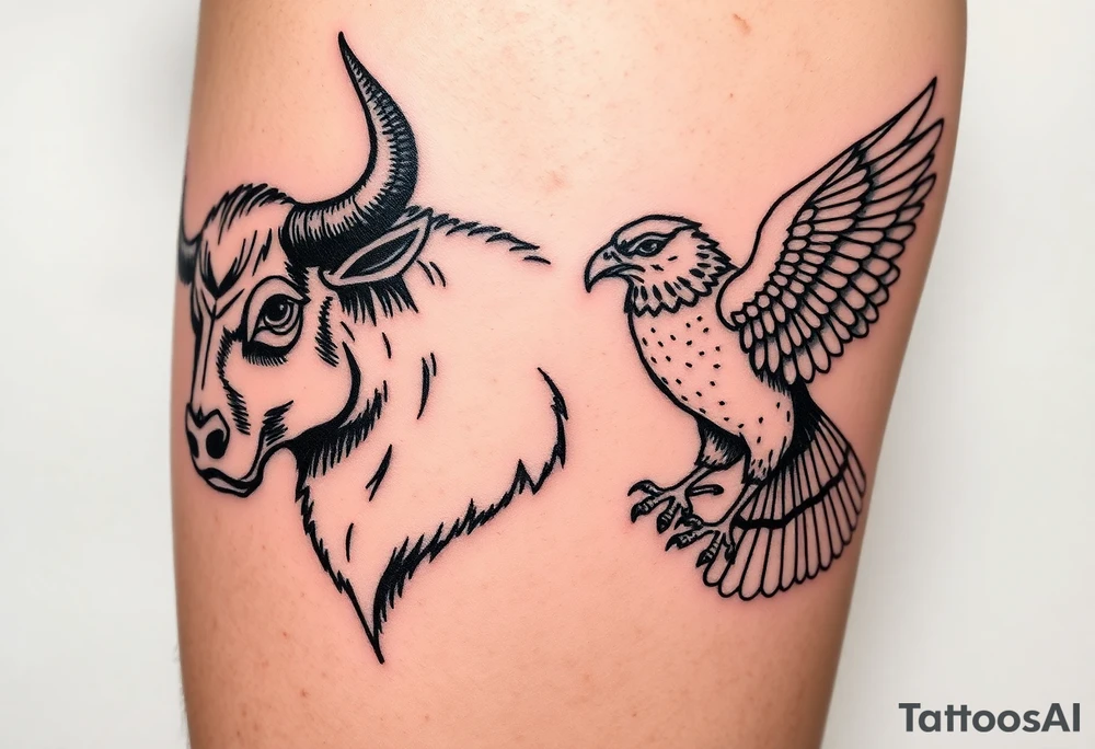 A bull and a falcon  with ancient Egyptian mythology, as ruled by Venus in western zodiac, tattoo idea