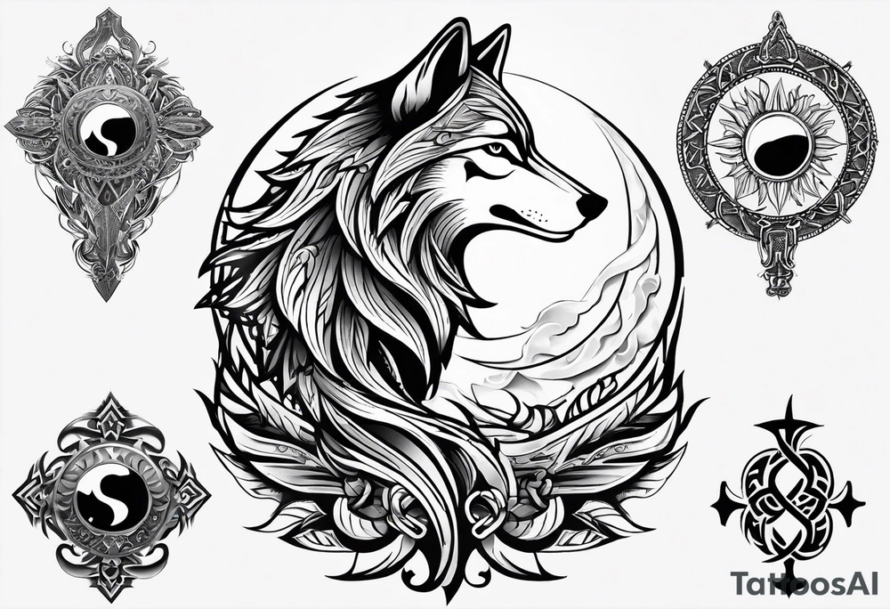 strength, small, howling wolf, elegant, sun, lenghty, ankh tattoo idea
