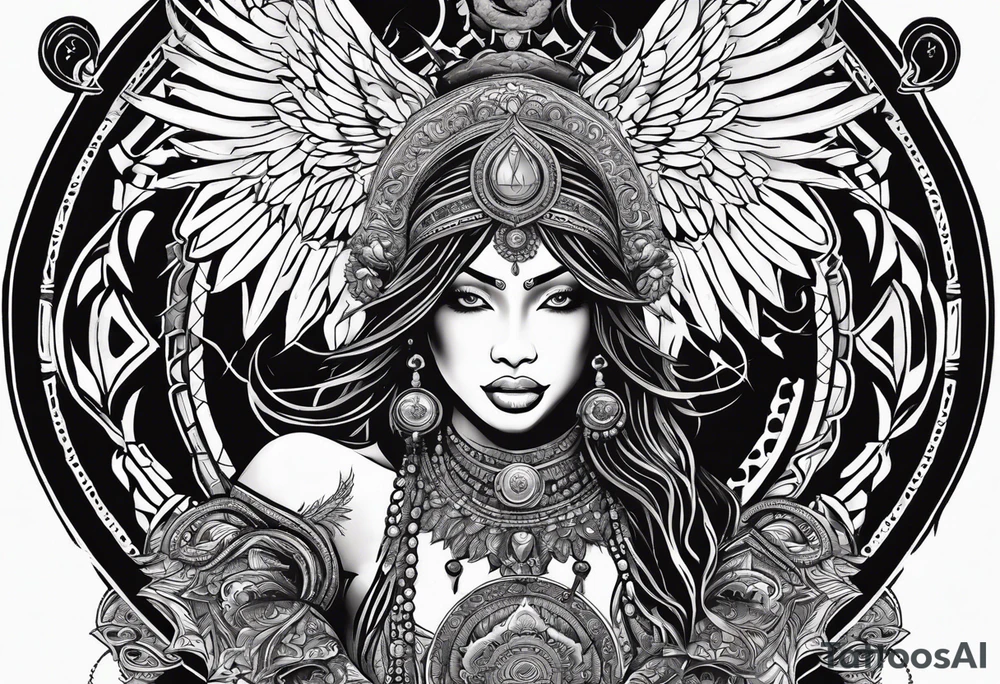 black kali, goddess pirate, alien, angel, pachamama, valkrye, warrior, flying, skull, lotus azul, wing, eagle, zenza resonance, stars, 5D, anahata chakra, death, durga, riding on a tiger, flying lady, kundalini, chest tatoo, samuri, rebel tattoo idea