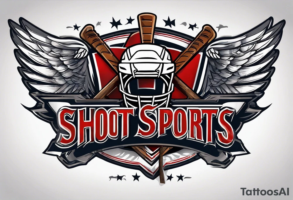 crossed hockey sticks in the background and wings that says "SHOT SPORTS" tattoo idea