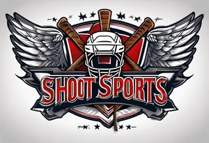 crossed hockey sticks in the background and wings that says "SHOT SPORTS" tattoo idea