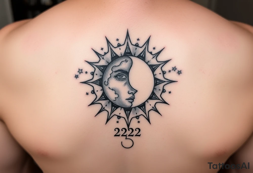 celestial sun and moon embrace with constellation patterns with number 222 tattoo idea celestial sun and moon embrace with constellation patterns with number 222 tattoo idea