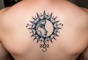 celestial sun and moon embrace with constellation patterns with number 222 tattoo idea
