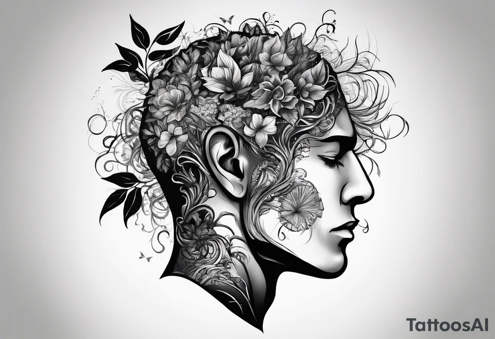 rewiring of the brain, with plants growing out in a vertical manner from where the hair would be on a male face, tattoo idea