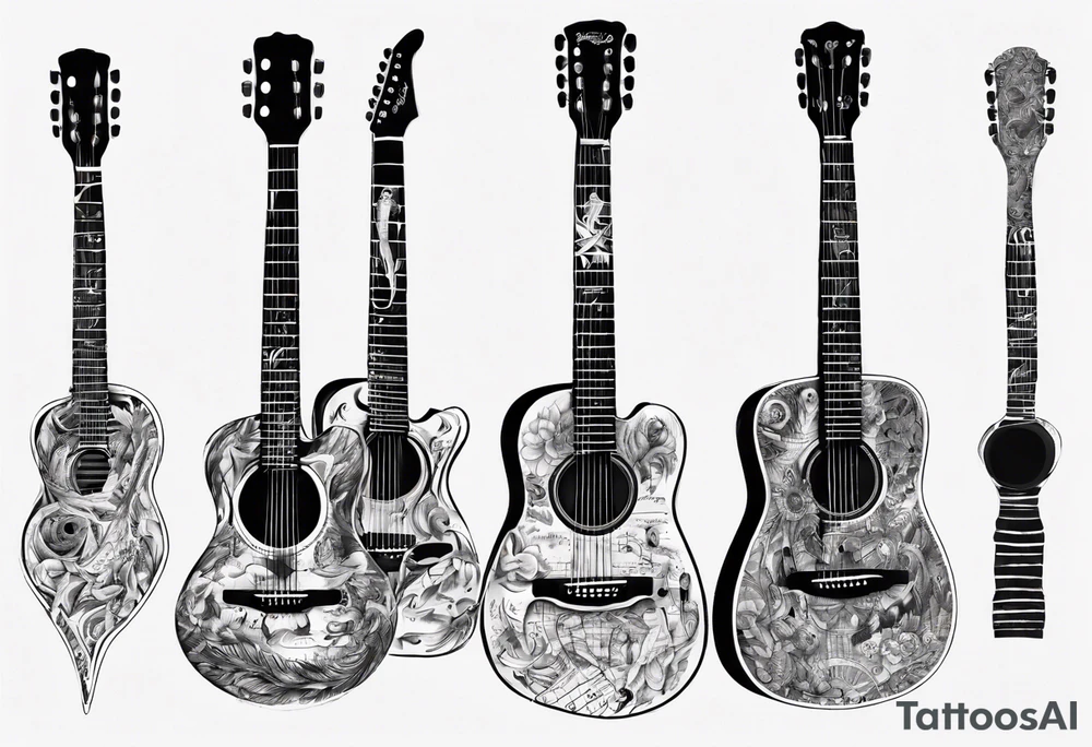Acoustic Guitar neck with strings made of signatures tattoo idea