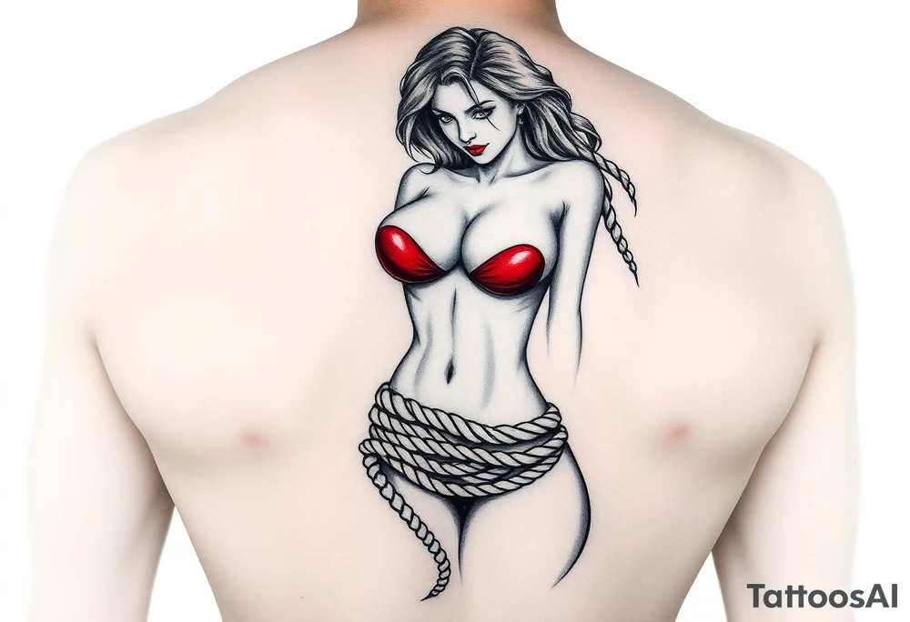 female nude sex dominiatrix, wearing red latex and wrapped in rope hip sized tattoo idea