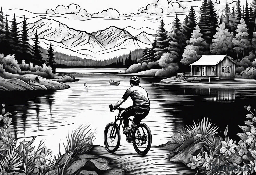 cycling against the backdrop of  a beautiful, serene lake tattoo idea
