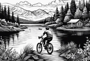 cycling against the backdrop of  a beautiful, serene lake tattoo idea