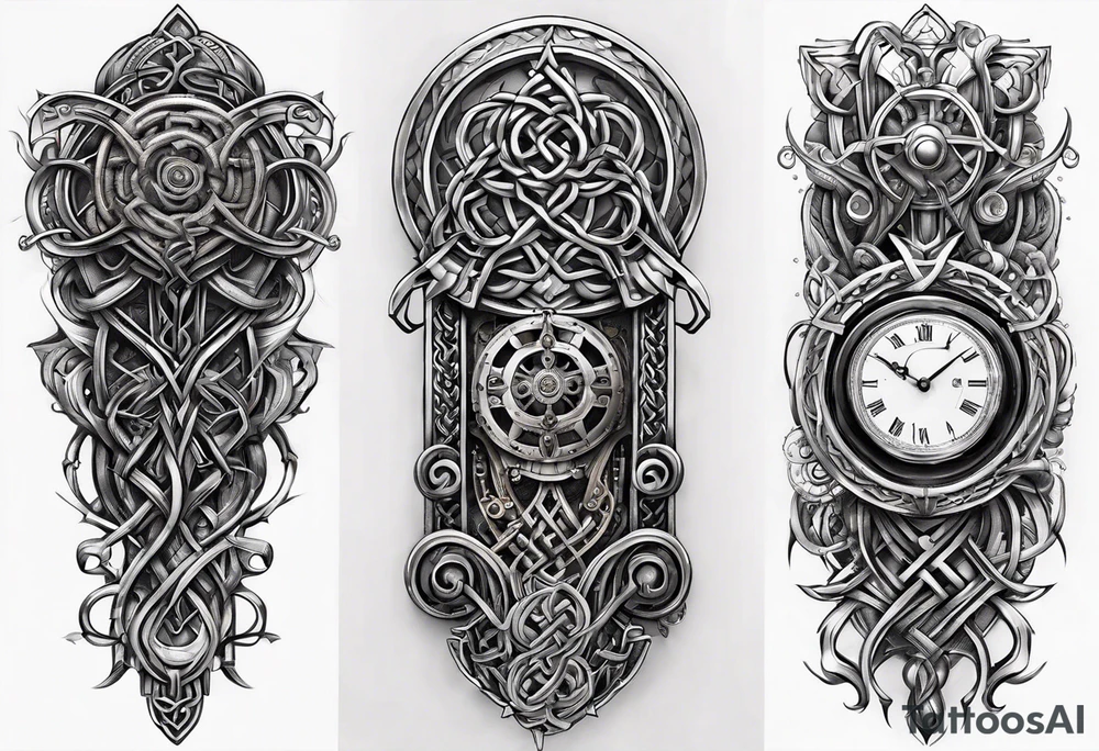 Traditional Celtic styled knot work combined with steampunk biomechanical sleeve design tattoo idea