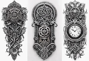 Traditional Celtic styled knot work combined with steampunk biomechanical sleeve design tattoo idea