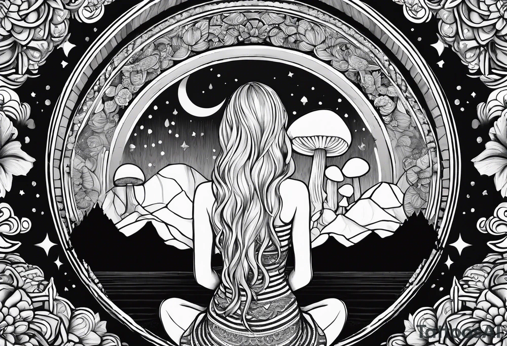 Straight blonde hair girl meditating facing away toward mountains surrounded by mushrooms crescent moon mandala circular design black and white striped dress tattoo idea