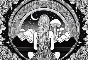 Straight blonde hair girl meditating facing away toward mountains surrounded by mushrooms crescent moon mandala circular design black and white striped dress tattoo idea