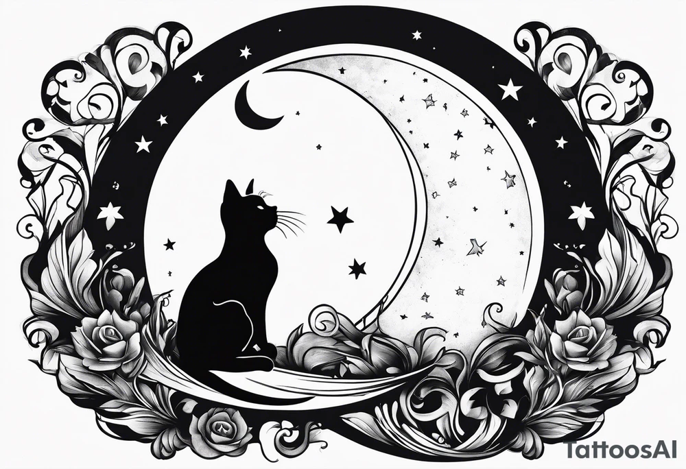 Shadow of a cat sitting on a crescent moon tattoo idea