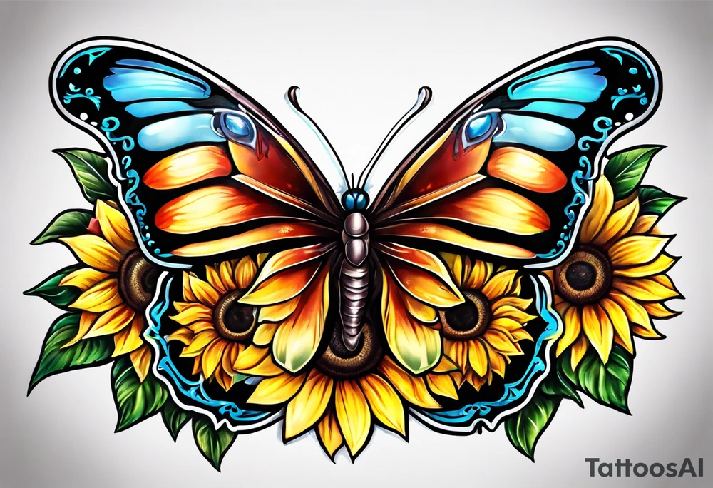 Half butterfly half sunflower tattoo idea