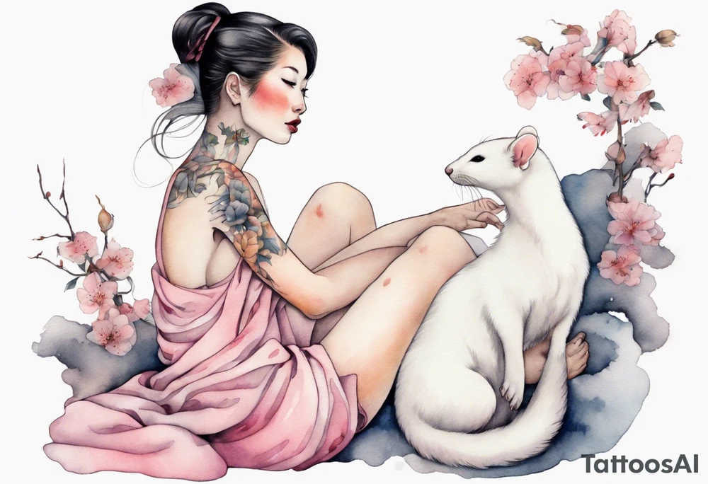 a pink ermine sitting on the lap of a beautiful woman tattoo idea