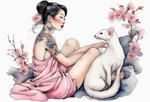 a pink ermine sitting on the lap of a beautiful woman tattoo idea