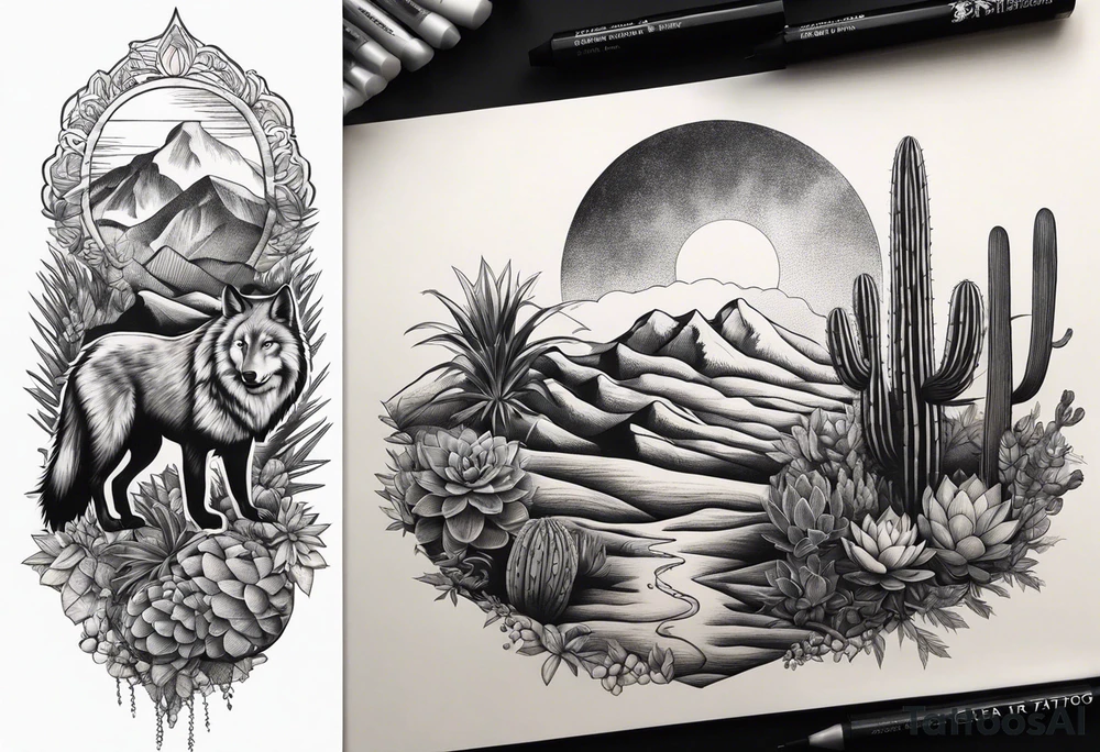 Lobo , cactos e árvore da vida por do sol braço parte de cima tattoo idea