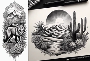 Lobo ,  cactos e árvore da vida por do sol braço parte de cima tattoo idea