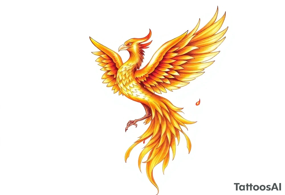 magnificent phoenix rising from golden flames with trailing embers tattoo idea