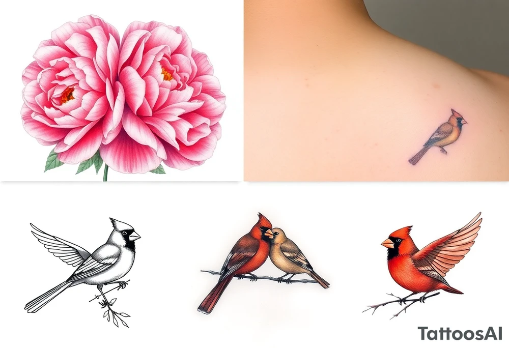 I like the top left cardinals and the bottom right cardinals. soft pink peony flowers with bold highlighting; and a feminine but boldly colored male and female cardinal birds tattoo idea