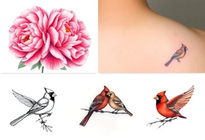 I like the top left cardinals and the bottom right cardinals. soft pink peony flowers with bold highlighting; and a feminine but boldly colored male and female cardinal birds tattoo idea
