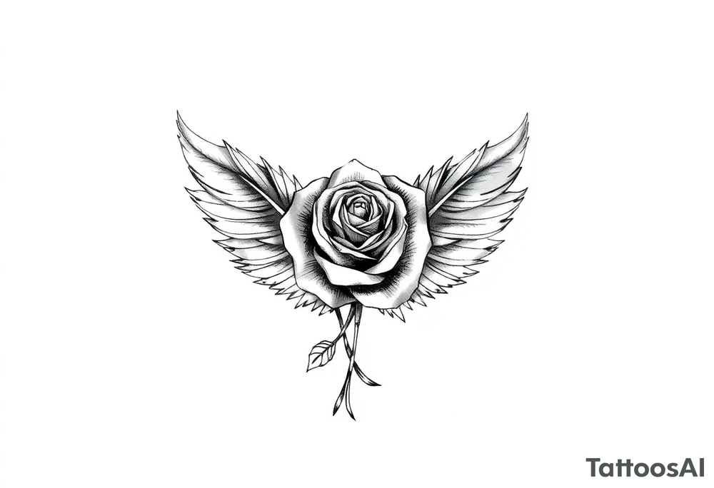 TWO FEATHERS TOGETHER WITH A ROSE WITH "SERGE" WRITTEN INSIDE tattoo idea