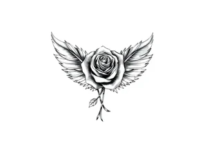 TWO FEATHERS TOGETHER WITH A ROSE WITH "SERGE" WRITTEN INSIDE tattoo idea