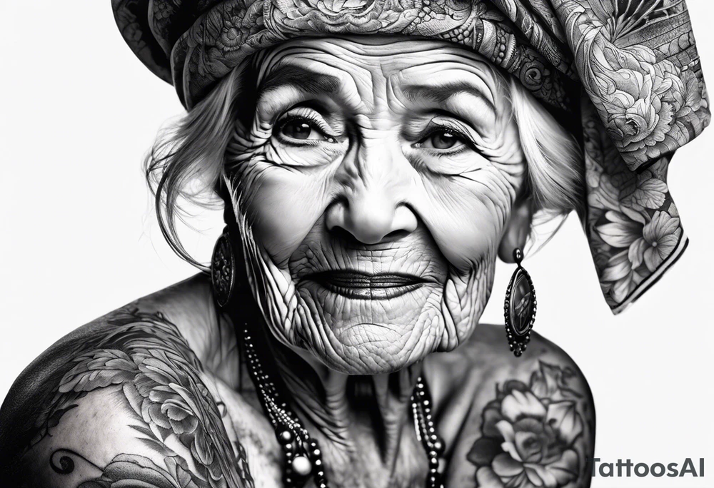 Muscular old lady posing. tattoo idea