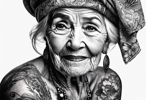 Muscular old lady posing. tattoo idea