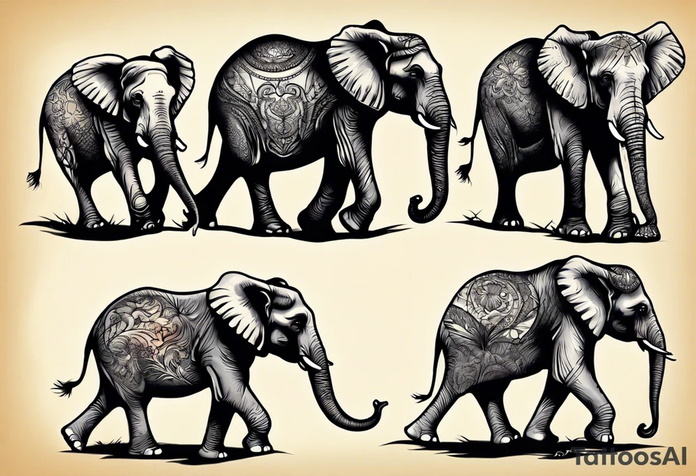 family of 6 elephants walking into sunset tattoo idea